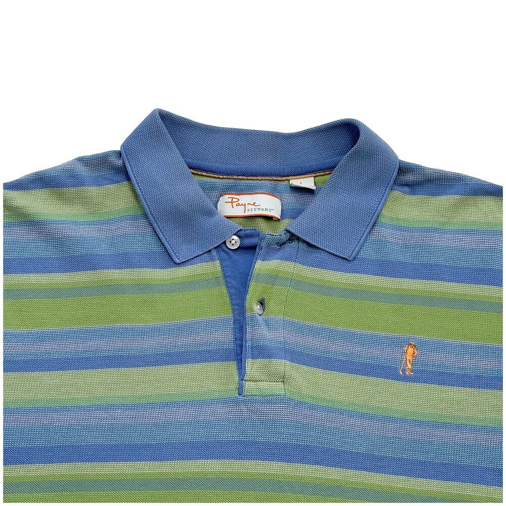 Y2K Striped Cotton Polo Shirt Mens L Blue Green Streetwear Retro Payne Stewart